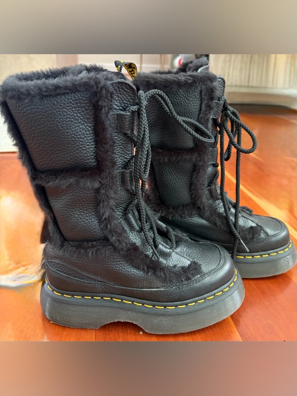 Dr. Martens Black Fuzzy Boot w Yellow Accent Stitching! On brand all the time!
